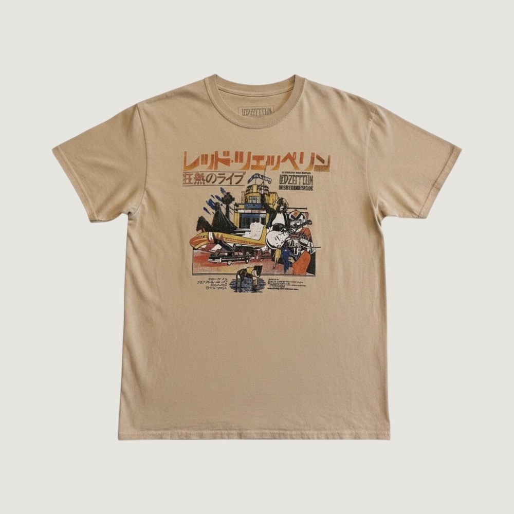 Led Zeppelin Shirt Mens Medium Beige Japanese Graphic Band Rock T-Shirt Tee